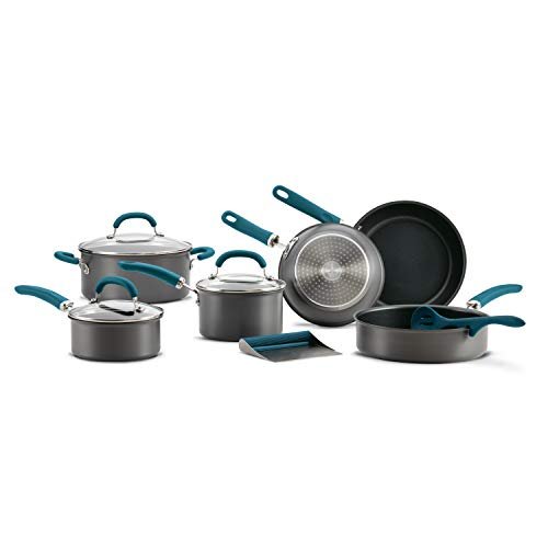 Rachael Ray Create Delicious Hard Anodized Nonstick Cookware Pots and Pans Set, 11 Piece, Gray with Teal Handles - My Kitchen Products