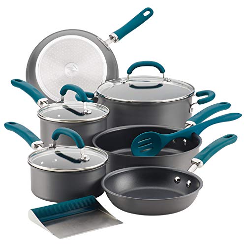 Rachael Ray Create Delicious Hard Anodized Nonstick Cookware Pots and Pans Set, 11 Piece, Gray with Teal Handles - My Kitchen Products