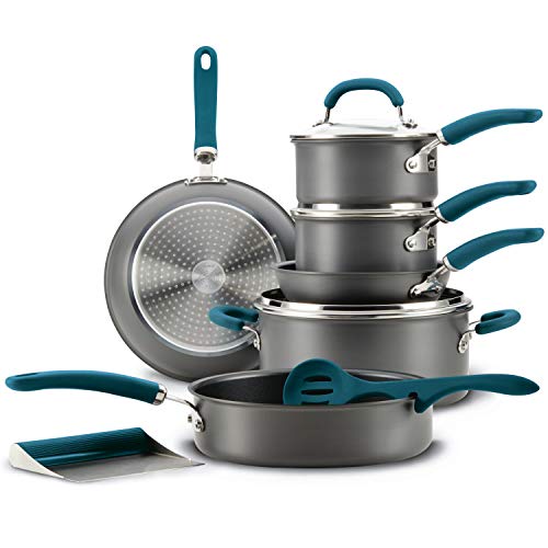 Rachael Ray Create Delicious Hard Anodized Nonstick Cookware Pots and Pans Set, 11 Piece, Gray with Teal Handles - My Kitchen Products