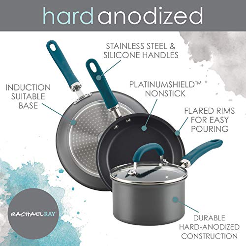 Rachael Ray Create Delicious Hard Anodized Nonstick Cookware Pots and Pans Set, 11 Piece, Gray with Teal Handles - My Kitchen Products