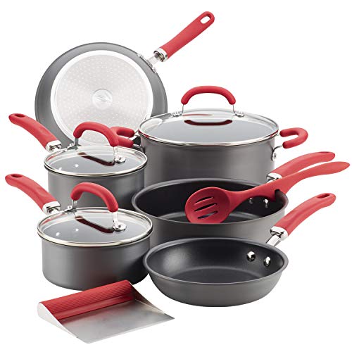 Rachael Ray Create Delicious Hard Anodized Nonstick Cookware Pots and Pans Set, 11 Piece, Red Handles - My Kitchen Products