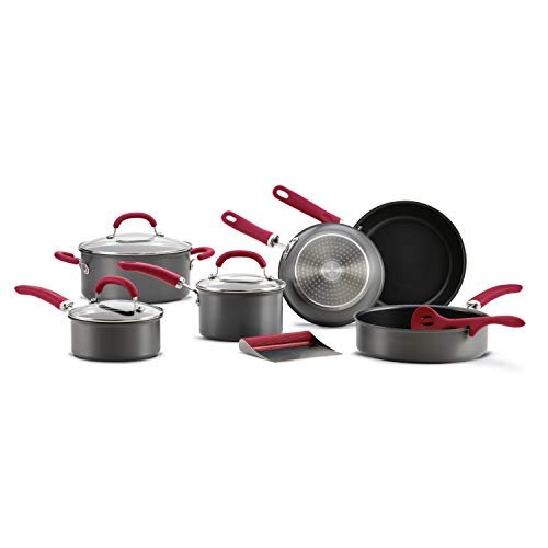 Rachael Ray Create Delicious Hard Anodized Nonstick Cookware Pots and Pans Set, 11 Piece, Red Handles - My Kitchen Products