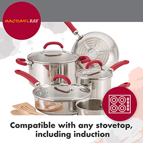 Rachael Ray Create Delicious Stainless Steel Cookware Set, 10-Piece Pots and Pans Set, Stainless Steel with Red Handles - My Kitchen Products