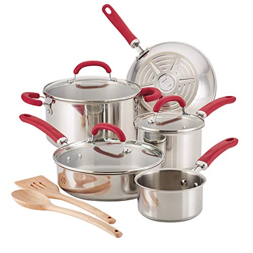 Rachael Ray Create Delicious Stainless Steel Cookware Set, 10-Piece Pots and Pans Set, Stainless Steel with Red Handles - My Kitchen Products