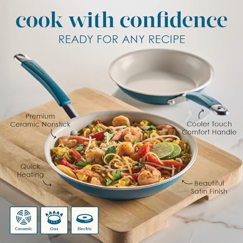 Rachael Ray Cucina Ceramic Nonstick Frying Pans/Skillet Set, Dishwasher Safe, 8.5 inch and 10 inch Open Fry Pans - Marine Blue - My Kitchen Products
