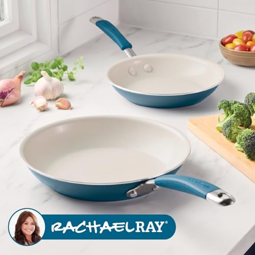 Rachael Ray Cucina Ceramic Nonstick Frying Pans/Skillet Set, Dishwasher Safe, 8.5 inch and 10 inch Open Fry Pans - Marine Blue - My Kitchen Products