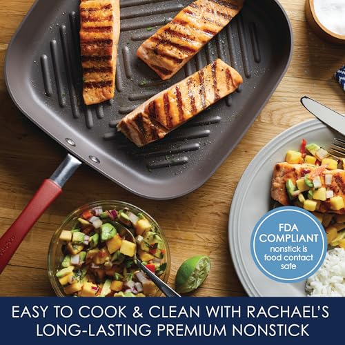 Rachael Ray Cucina Hard-Anodized Nonstick 11-Inch Deep Square Grill Pan, Gray with Cranberry Red Handle - 87632 - My Kitchen Products
