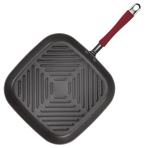 Rachael Ray Cucina Hard-Anodized Nonstick 11-Inch Deep Square Grill Pan, Gray with Cranberry Red Handle - 87632 - My Kitchen Products