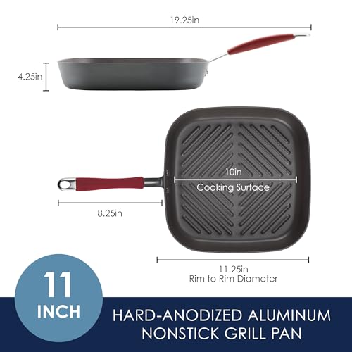 Rachael Ray Cucina Hard-Anodized Nonstick 11-Inch Deep Square Grill Pan, Gray with Cranberry Red Handle - 87632 - My Kitchen Products