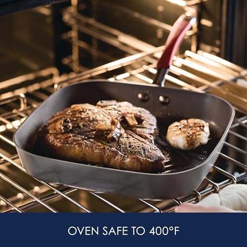 Rachael Ray Cucina Hard-Anodized Nonstick 11-Inch Deep Square Grill Pan, Gray with Cranberry Red Handle - 87632 - My Kitchen Products