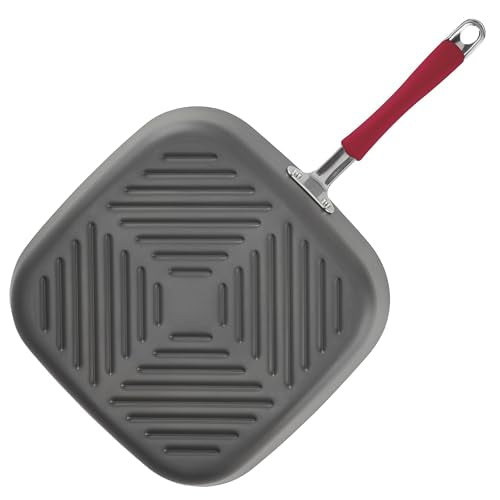 Rachael Ray Cucina Hard-Anodized Nonstick 11-Inch Deep Square Grill Pan, Gray with Cranberry Red Handle - 87632 - My Kitchen Products