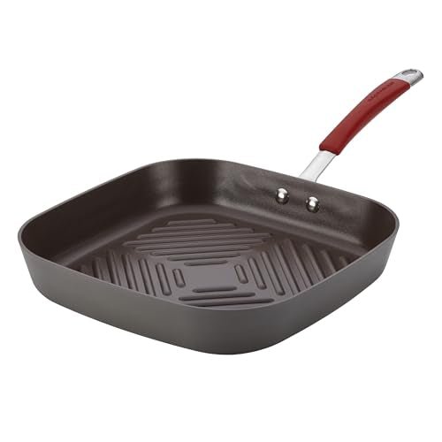 Rachael Ray Cucina Hard-Anodized Nonstick 11-Inch Deep Square Grill Pan, Gray with Cranberry Red Handle - 87632 - My Kitchen Products