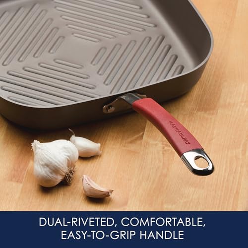 Rachael Ray Cucina Hard-Anodized Nonstick 11-Inch Deep Square Grill Pan, Gray with Cranberry Red Handle - 87632 - My Kitchen Products