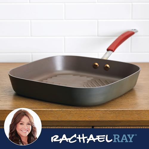 Rachael Ray Cucina Hard-Anodized Nonstick 11-Inch Deep Square Grill Pan, Gray with Cranberry Red Handle - 87632 - My Kitchen Products
