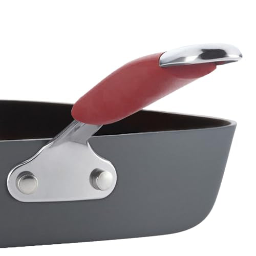 Rachael Ray Cucina Hard-Anodized Nonstick 11-Inch Deep Square Grill Pan, Gray with Cranberry Red Handle - 87632 - My Kitchen Products
