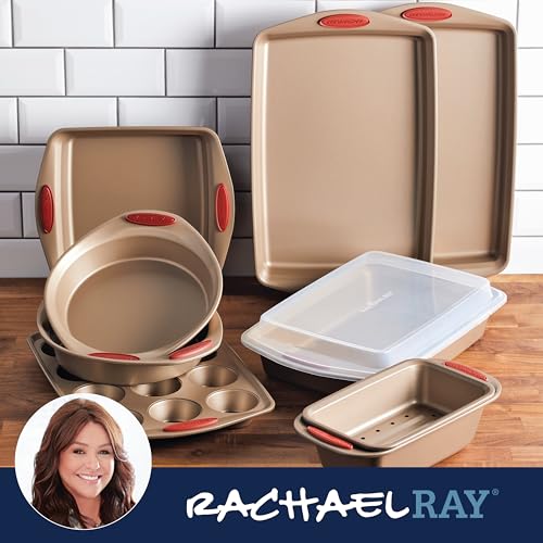 Rachael Ray Cucina Nonstick Bakeware Baking Pans Set, Latte Brown and Cranberry Red, Baking Dishes, 10-Piece - My Kitchen Products