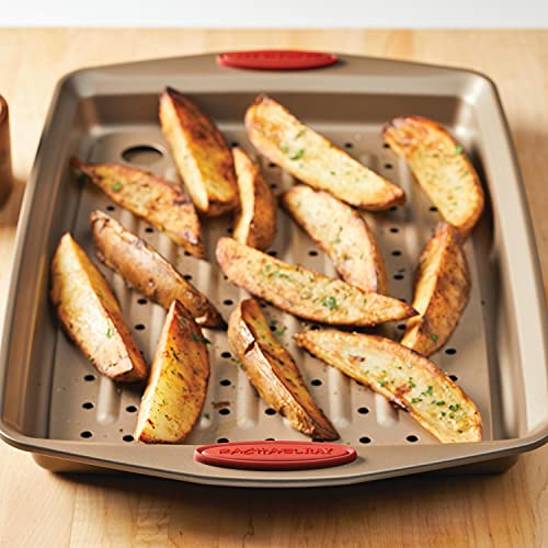 Rachael Ray Cucina Nonstick Bakeware Set with Grips, Nonstick Cookie Sheet / Baking Sheet with Crisper Pan - 2 Piece, Latte Brown with Cranberry Red Handle Grips - My Kitchen Products