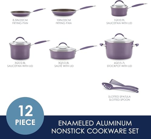 Rachael Ray Cucina Nonstick Cookware, Lavender Purple Pots and Pans Set, 12-Piece - My Kitchen Products