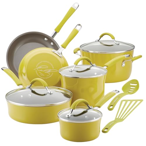 Rachael Ray Cucina Nonstick Cookware Pots and Pans Set, 12 Piece, Lemongrass Green - My Kitchen Products
