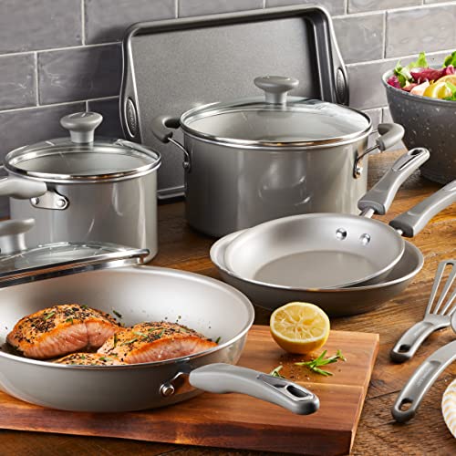 Rachael Ray Get Cooking! Nonstick Cookware Pots and Pans Set, Includes Baking Pan and Cooking Tools, 12 Piece - Gray - My Kitchen Products