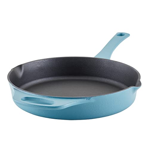 Rachael Ray NITRO Cast Iron Fryin Pan/Skillet with Helper Handle and Pour Spouts, 12 Inch - Agave Blue - My Kitchen Products