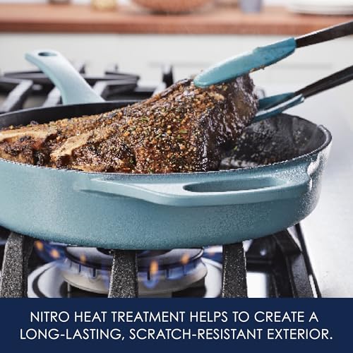 Rachael Ray NITRO Cast Iron Fryin Pan/Skillet with Helper Handle and Pour Spouts, 12 Inch - Agave Blue - My Kitchen Products