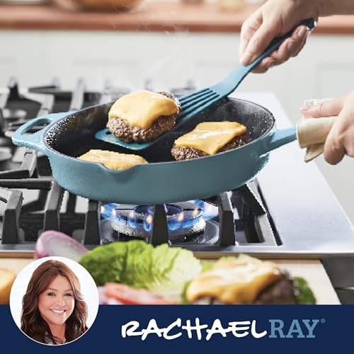 Rachael Ray NITRO Cast Iron Fryin Pan/Skillet with Helper Handle and Pour Spouts, 12 Inch - Agave Blue - My Kitchen Products