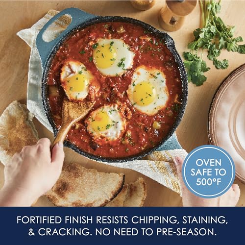 Rachael Ray NITRO Cast Iron Fryin Pan/Skillet with Helper Handle and Pour Spouts, 12 Inch - Agave Blue - My Kitchen Products