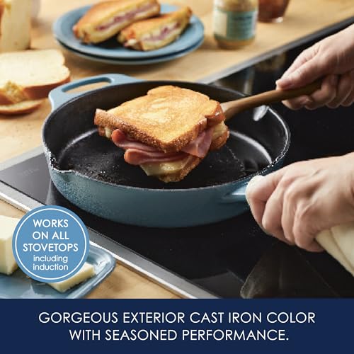 Rachael Ray NITRO Cast Iron Fryin Pan/Skillet with Helper Handle and Pour Spouts, 12 Inch - Agave Blue - My Kitchen Products
