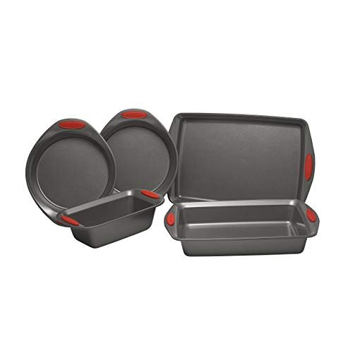 Rachael Ray Nonstick Bakeware with Grips includes Nonstick Bread Pan, Baking Pan, Cake Pans and Cookie Sheet / Baking Sheet - 5 Piece, Gray with Red Grips - My Kitchen Products