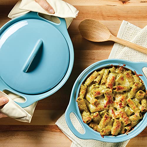 Rachael Ray Solid Glaze Ceramics Casserole Bakeware/Baker Set with Shared Lid, 3 Piece, Agave Blue - My Kitchen Products