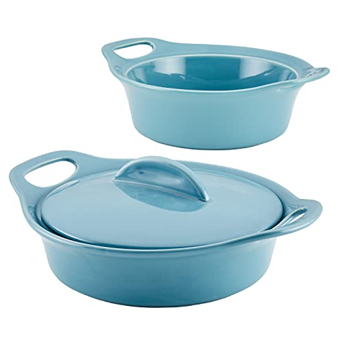 Rachael Ray Solid Glaze Ceramics Casserole Bakeware/Baker Set with Shared Lid, 3 Piece, Agave Blue - My Kitchen Products
