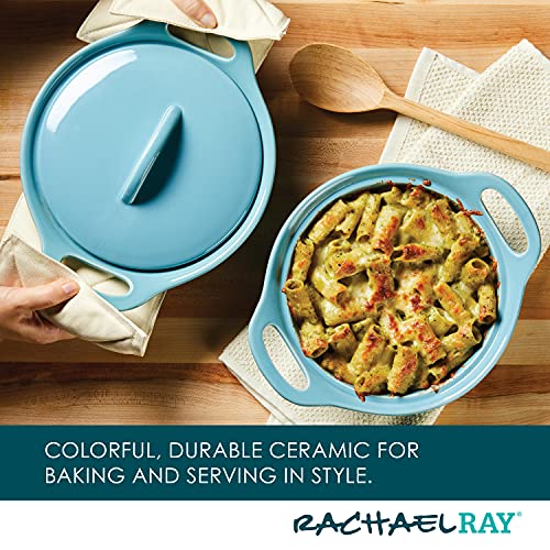 Rachael Ray Solid Glaze Ceramics Casserole Bakeware/Baker Set with Shared Lid, 3 Piece, Agave Blue - My Kitchen Products