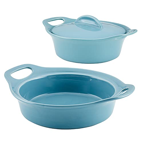 Rachael Ray Solid Glaze Ceramics Casserole Bakeware/Baker Set with Shared Lid, 3 Piece, Agave Blue - My Kitchen Products