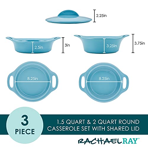 Rachael Ray Solid Glaze Ceramics Casserole Bakeware/Baker Set with Shared Lid, 3 Piece, Agave Blue - My Kitchen Products