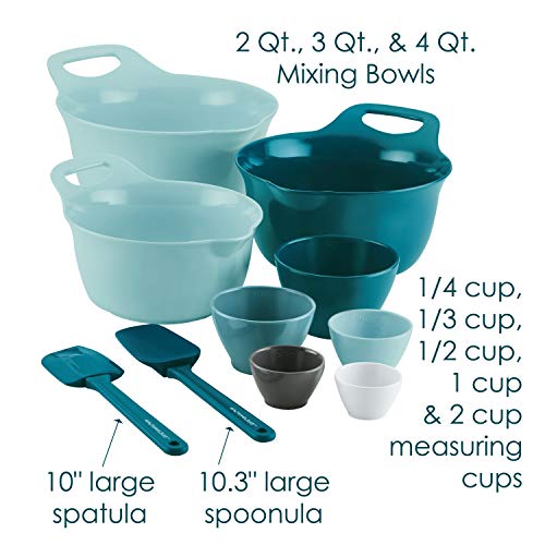 Rachael Ray Tools and Gadgets Mix and Measure Cooking / Baking Prep Set with Mixing Bowls, Measuring Cups, and Tools - 10 Piece, Light Blue and Teal - My Kitchen Products