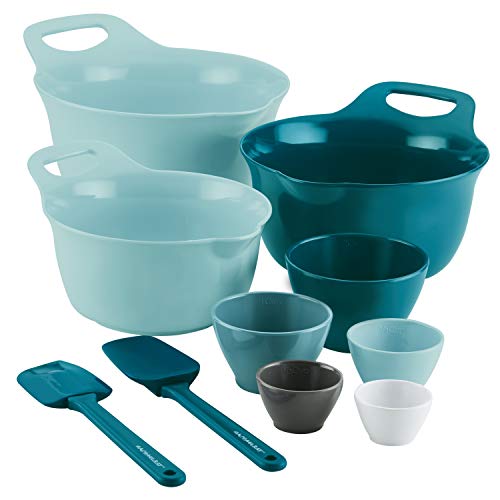 Rachael Ray Tools and Gadgets Mix and Measure Cooking / Baking Prep Set with Mixing Bowls, Measuring Cups, and Tools - 10 Piece, Light Blue and Teal - My Kitchen Products