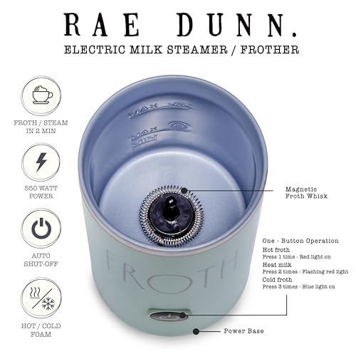 Rae Dunn Electric Milk Frother Steamer -Stylish Automatic Milk Steamer and Frother, Milk Warmer, Hot and Cold Foam Maker for Coffee, Latte, Cappuccino, Macchiato - 550 Watt (Sage) - My Kitchen Products