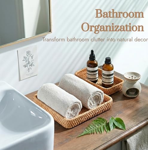 Rattan Serving Tray Set of 3, Rectangular Woven Tray, Natural Wicker Decorative Serving Tray, CoffeeTabletop Vanity Organizer, Bathroom Kitchen Counter, (S 4.3 x 8.3), (M 8.3 x 8.3), (L14.6 × 9.1) - My Kitchen Products