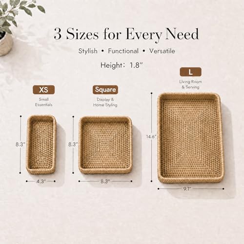 Rattan Serving Tray Set of 3, Rectangular Woven Tray, Natural Wicker Decorative Serving Tray, CoffeeTabletop Vanity Organizer, Bathroom Kitchen Counter, (S 4.3 x 8.3), (M 8.3 x 8.3), (L14.6 × 9.1) - My Kitchen Products