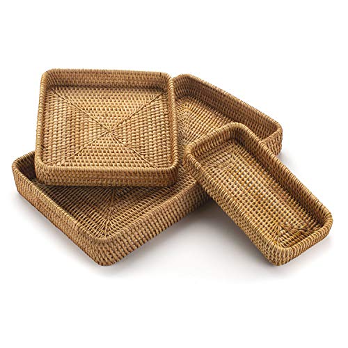 Rattan Serving Tray Set of 3, Rectangular Woven Tray, Natural Wicker Decorative Serving Tray, CoffeeTabletop Vanity