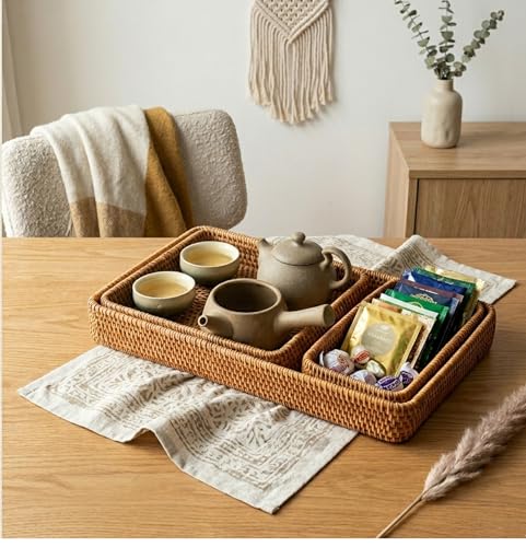 Rattan Serving Tray Set of 3, Rectangular Woven Tray, Natural Wicker Decorative Serving Tray, CoffeeTabletop Vanity Organizer, Bathroom Kitchen Counter, (S 4.3 x 8.3), (M 8.3 x 8.3), (L14.6 × 9.1) - My Kitchen Products
