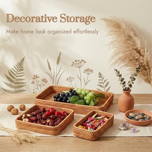 Rattan Serving Tray Set of 3, Rectangular Woven Tray, Natural Wicker Decorative Serving Tray, CoffeeTabletop Vanity Organizer, Bathroom Kitchen Counter, (S 4.3 x 8.3), (M 8.3 x 8.3), (L14.6 × 9.1) - My Kitchen Products