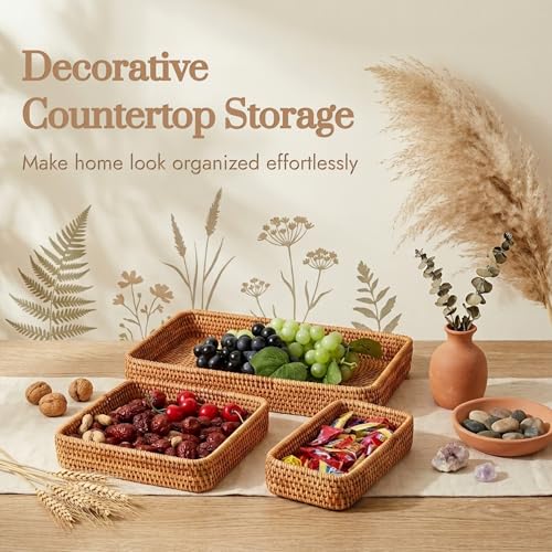 Rattan Serving Tray Set of 3, Rectangular Woven Tray, Natural Wicker Decorative Serving Tray, CoffeeTabletop Vanity Organizer, Bathroom Kitchen Counter, (S 4.3 x 8.3), (M 8.3 x 8.3), (L14.6 × 9.1) - My Kitchen Products