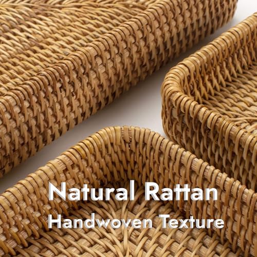 Rattan Serving Tray Set of 3, Rectangular Woven Tray, Natural Wicker Decorative Serving Tray, CoffeeTabletop Vanity Organizer, Bathroom Kitchen Counter, (S 4.3 x 8.3), (M 8.3 x 8.3), (L14.6 × 9.1) - My Kitchen Products