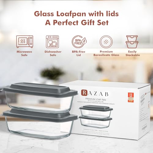 Razab LARGE 7.6 Cups/1800 ML/1.9 Qt Glass Loaf Pan with Lids (Set of 2) - Meatloaf Pan BPA free Airtight Lids Grip Handle Easy Carry, Microwave and Oven Safe - Loaf Pans For Baking Bread, Cakes - My Kitchen Products