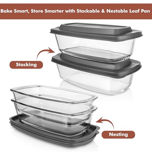 Razab LARGE 7.6 Cups/1800 ML/1.9 Qt Glass Loaf Pan with Lids (Set of 2) - Meatloaf Pan BPA free Airtight Lids Grip Handle Easy Carry, Microwave and Oven Safe - Loaf Pans For Baking Bread, Cakes - My Kitchen Products