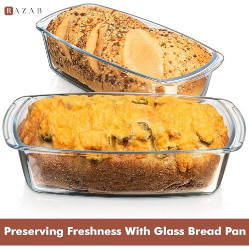 Razab LARGE 7.6 Cups/1800 ML/1.9 Qt Glass Loaf Pan with Lids (Set of 2) - Meatloaf Pan BPA free Airtight Lids Grip Handle Easy Carry, Microwave and Oven Safe - Loaf Pans For Baking Bread, Cakes - My Kitchen Products