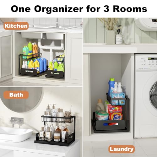 REALINN Under Sink Organizer, L-Shaped 2 Tier Pull Out Cabinet Organizer for Kitchen and Bathroom, Slide Out Under Cabinet Storage, Metal Under Sink Storage with Sliding Drawer, 50 lbs, Black 2 Pack - My Kitchen Products