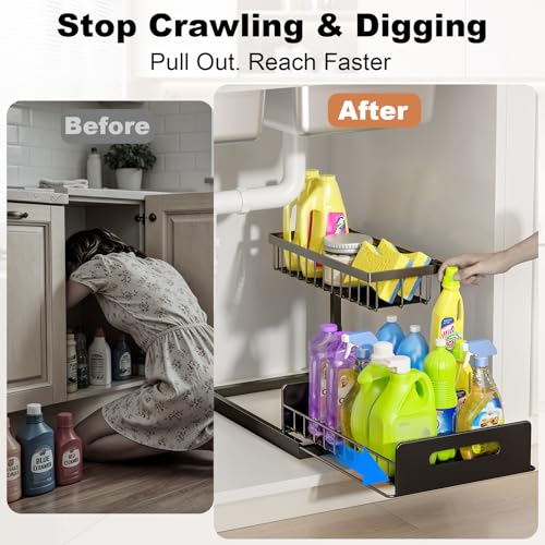 REALINN Under Sink Organizer, L-Shaped 2 Tier Pull Out Cabinet Organizer for Kitchen and Bathroom, Slide Out Under Cabinet Storage, Metal Under Sink Storage with Sliding Drawer, 50 lbs, Black 2 Pack - My Kitchen Products